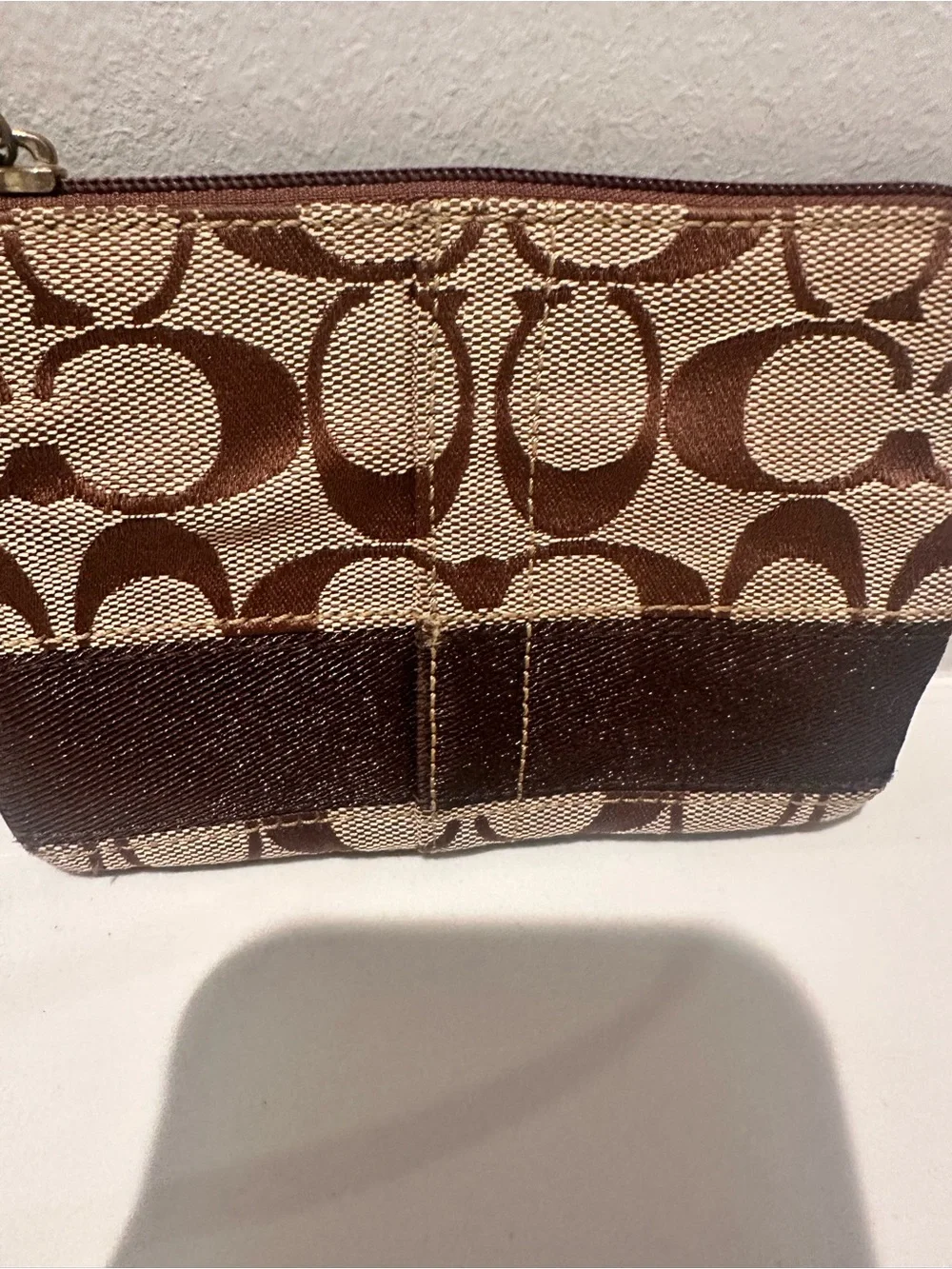 Coach Brown Signature Canvas Wristlet with Dark Brown Trim and coach creed - Picture 3 of 5